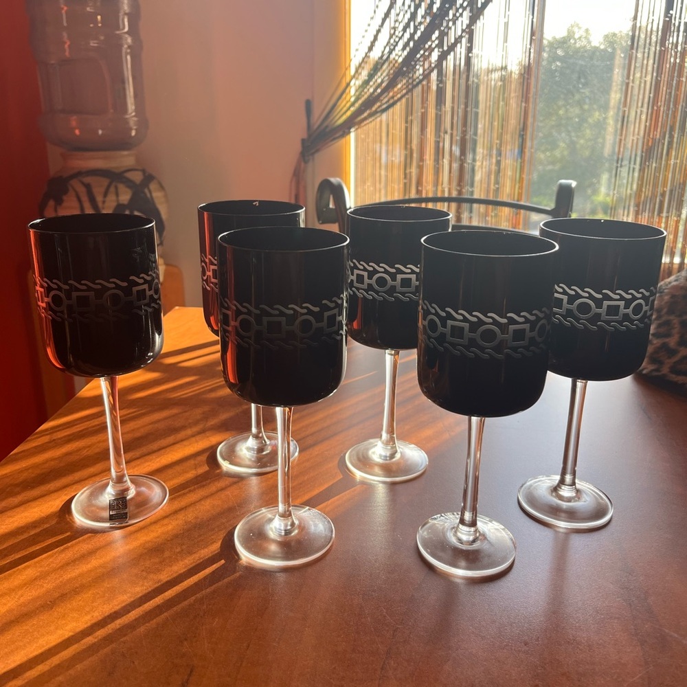 Set of Six Black Wine Glasses with Silver Design